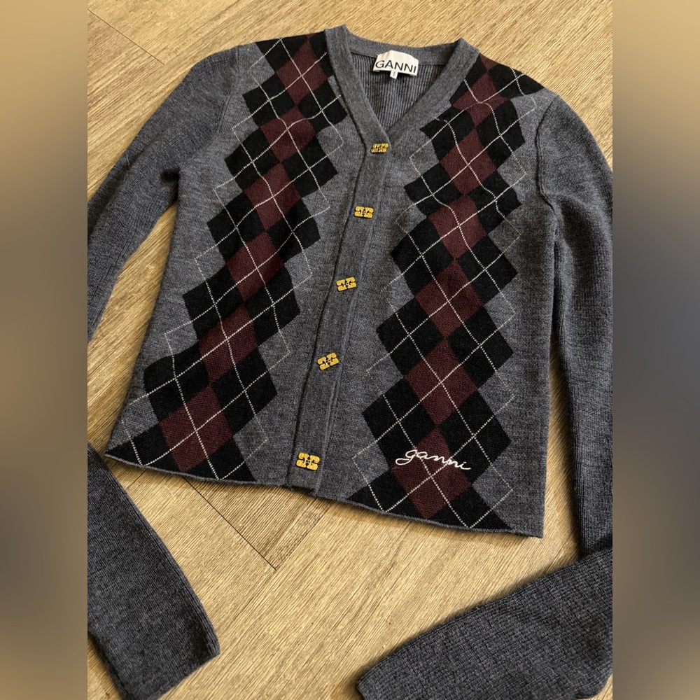Ganni Small Argyle Knit Cardigan Fine Merino Wool